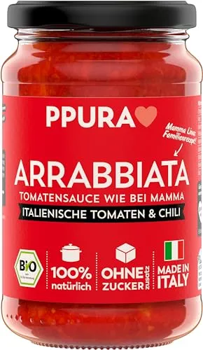 PPURA Bio Tomatensauce Arrabbiata | Pasta-Sauce mit Fruchtigen Tomaten & Chili | 100% Natürlich | Nudel-Soße Vegan Ohne Zuckerzusatz & Konservierungsstoffe | 340g Glas