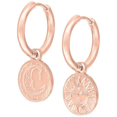 Wildcat Ohrringe - Little Sun Moon Hoops - Creolen aus Edelstahl mit Sonne Mond Anhänger - wasserfest, langlebig, hautverträglich - roségold