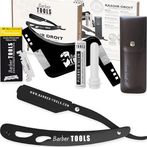 Herren Rasier-Set - Männer Rasiermesser/Barbiermesser - mit 50 Einzelklingen + Tuch + Alaunstift + Aufbewahrungsetui + Kammführung für Rasur -SCHWARZ- BARBER TOOLS