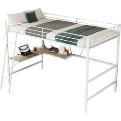 OKWISH Metallbett Hochbett mit L-förmigem Schreibtisch und Regal, 90x200 cm - Praktisches Hochbett in modernem Design mit integriertem L-förmigem Schreibtisch und Regal. Ideal für kleine Räume – perfekt zum Schlafen und Lernen. Robuste Konstruktion aus Metall und MDF für hohe Stabilität.
