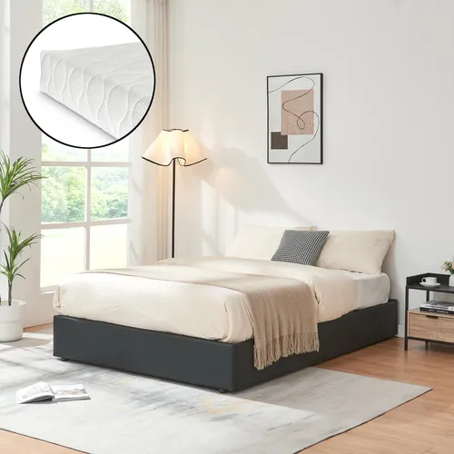 en.casa Polsterbett »Nola« 140x200cm Schwarz mit Matratze - Stilvolles Doppelbett mit praktischem Bettkasten und bequemer Matratze für optimalen Schlafkomfort. Einfacher Aufbau und elegantes Design für jedes Schlafzimmer.