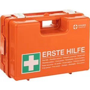 Gramm-Medical Erste-Hilfe-Koffer Domino, DIN 13157 - Erste-Hilfe-Ausrüstung für Betriebe bis 50 Beschäftigte, schlagfestes Gehäuse mit 5 Jahren Haltbarkeit der Verbandstoffe, ideal für Schulen und Kindergärten.