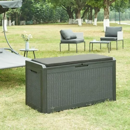 casa.pro Aufbewahrungsbox Atella – Kissenbox mit Sitzkissen - Auflagenboxen: 380 L Stauraum für Gartenmöbel und Zubehör, wetterfest und mit bequemen Sitzkissen – ideal für Garten und Terrasse!