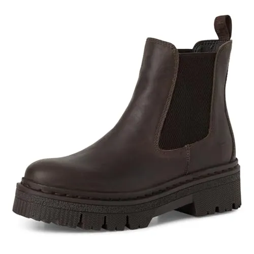 Tamaris Damen Chelsea Boot braun - Eleganter Chelsea Boot aus braunem Glattleder mit warmem Textilfutter, ideal für kühlere Tage. Der bequeme Schlupf sorgt für flexiblen Tragekomfort, während die robuste Gummisohle perfekten Halt bietet.