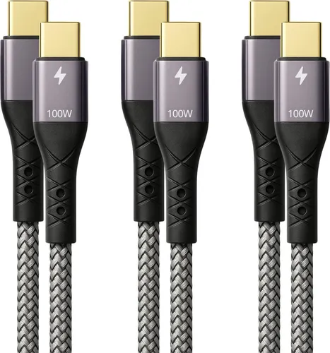 ProfiPatch USB C auf USB C Kabel 0,5m+1m+2m 100W PD 3.0 5A E-Mark Chip grau Goldkontakt Textil USB Datenkabel, Schnellladekabel für Notebooks, Laptops und Handys