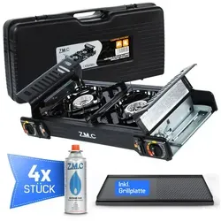 ZMC Gaskocher PREMIUM Butan Gaskocher Campingkocher 2-flammig + Gaskartuschen 227g, (Doppel Kartuschenkocher mit Zündsicherung, mit Piezozündung, Wärmeleistung: 2,0KW, 2,0KW), für Outdoor und Innenraum, Gasherd Kochfeld Gas Kocher Herd PREMIUM Gaskocher + Grillplatte + 4x Gaskartuschen
