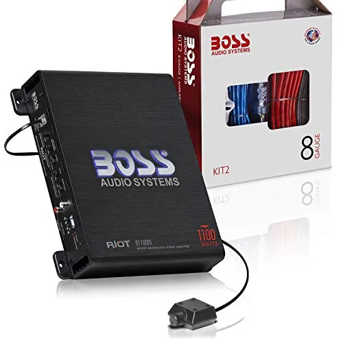 Boss Audio Systems R1100MK Auto-Verstärker und 8 Gauge Verkabelungsset – 1100 Watt maximale Leistung, 2-4 Ohm stabil, Klasse A/B, Monoblock, Mosfet-Netzteil, Fernbedienung