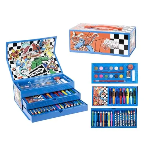 Kinder Malkoffer, 68-teilig, Paw Patrol, Gabby's Dollhouse, Spiderman, Eiskönigin, Stitch, Hello Kitty, Malset mit Buntstifte, Filzstifte, Wasserfarben, Geschenk für Jungen & Mädchen (Dunkelblau)