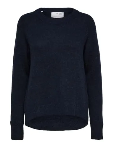 Damen Selected Rundhals Strickpullover Lockerer Feinstrick Wollpullover SLFLULU Sweater, Farben:Dunkelblau, Größe:S
