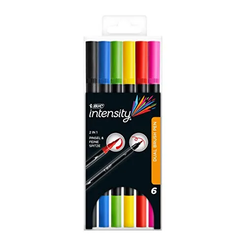 BIC Intensity Filzstifte Set, Dual Tip Brush Pen zum Malen in 6 verschiedenen Farben, mit Pinsel & feiner Spitze