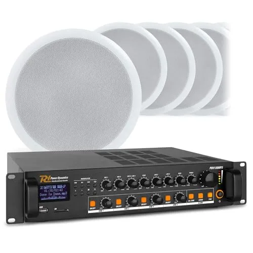 Power Dynamics PDV120 Set - Einbaulautsprecher Decke Bluetooth, Komplettes Lautsprecher System mit 4-Kanal Verstärker, Hi-Fi Speaker Systems für Büro, Gewerbe & Zuhause - Verstärker 4 Kanal mit Radio
