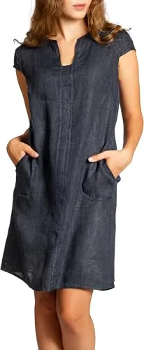 Caspar SKL036 Damen Sommer Leinenkleid mit ausgefallenem Ausschnitt, Farbe:dunkelblau, Größe:XXL - DE44 UK16 IT48 ES46 US14