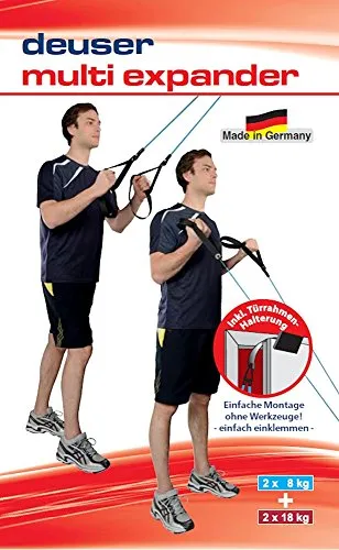 Deuser Fitness Multi-Expander für Zuhause, Blau & Rot - Expander Set für Damen & Herren, ideal für vielseitige Kraft- und Ausdauerübungen mit Türhalterungen und Anleitung für einfachen Start.