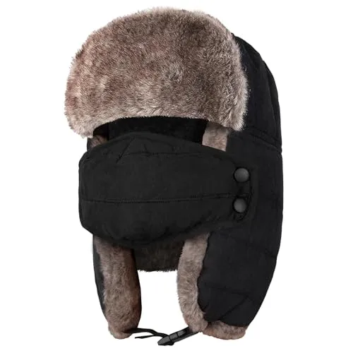 Trappermütze, warme Wintermütze für Herren und Damen, mit Maske, Uschanka, russischer Hut, Skifahren, Jagd, für kaltes Wetter, Outdoor, Schwarz, Schwarz, X-Large-3X-Large