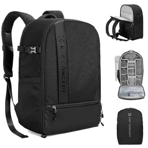 K&F CONCEPT 18L Kamerarucksack, Fotorucksack mit 15.6 Zoll Laptopfach, Große Kapazität Camera Backpack mit Regenschutz für DSLR/Stativ/Zubehör Schwarz