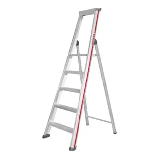 Hymer Stufenstehleiter mit Plattform - 5 Stufen, einseitig begehbar - Leitern mit ergonomischer Stufentiefe und hoher Stabilität. Extra große Leiterschuhe sorgen für einen sicheren Stand und die massive Ablageschale aus Aluminium bietet praktischen Komfort.