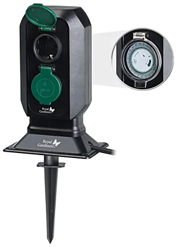Royal Gardineer Gartensteckdosen mit Zeitschaltuhr - Zeitschaltuhr für Garten und Außenbereich, spritzwassergeschützt (IP44) und bis 3.680 Watt belastbar. Flexibel aufstellbar mit Erdspieß oder Standfuß für automatisierte Stromzufuhr.