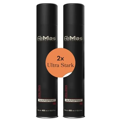 FemMas Haarspray Ultra Stark 400 ml I Stylingspray für Volumen & Glanz I Haar-Spray für ultra starken Halt I natürliches Finish ohne Verkleben I Ultra Strong Hairspray I für alle Haartypen I 2 Stück