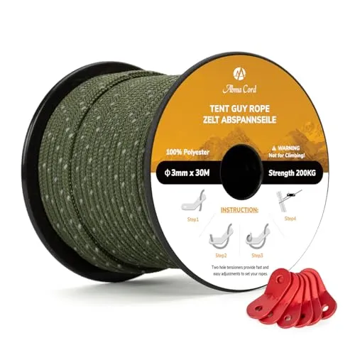 Abma Cord Abspannseile Zeltschnur mit 6 Stück Seilspanner 3mm 30M Zeltseil für Camping, Zelte, Sonnensegel, Vorzelt - Reflektierende Armee Grün