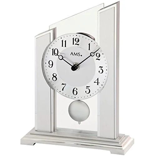 AMS 1169 Tischuhr Quarz mit Pendel silbern - Elegante Pendeluhr aus silberfarbenem Holz und Aluminium, vereint hochwertige Materialien mit präziser Quarztechnik. Ideal für stilvolle Wohnräume und Liebhaber klassischer Uhren.