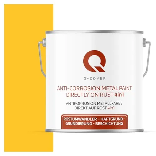 Q-COVER ANTIKORROSION METALLFARBE DIREKT AUF ROSR 4 IN 1 Verkehrsgelb RAL 1023 5L HALBMATT ANTI-ROST METALLSCHUTZLACK METALLLACK METALLSCHUTZFARBE RAL FARBE FÜR METALL