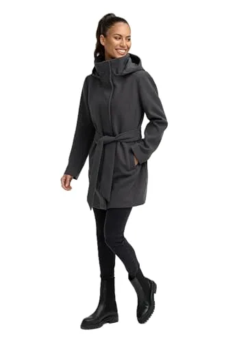 MARIKOO Damen Übergangsmantel - Eleganter Mantel mit Taillengürtel und abnehmbarer Kapuze - Funktionsjacken - Warme und stylische Damenjacke mit 4 praktischen Taschen und Wärme speichernder Funktion für kalte Tage.