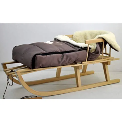 Holzschlitten Kinderschlitten aus Buchenholz Rückenlehne inkl. Zugseil + Winterfußsack Schlittensack 40 x 90 cm Fußsack Schlitten Kinderwagen Braun