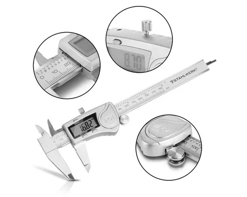 STAHLWERK Digitaler Messschieber DMS-3 ST 0-150 mm - Digitale Messschieber aus hochwertigem Edelstahl mit großem Display für präzise Außen-, Innen- und Tiefenmessungen. Ideal für professionelle Anwendungen mit 7 Jahren Garantie.