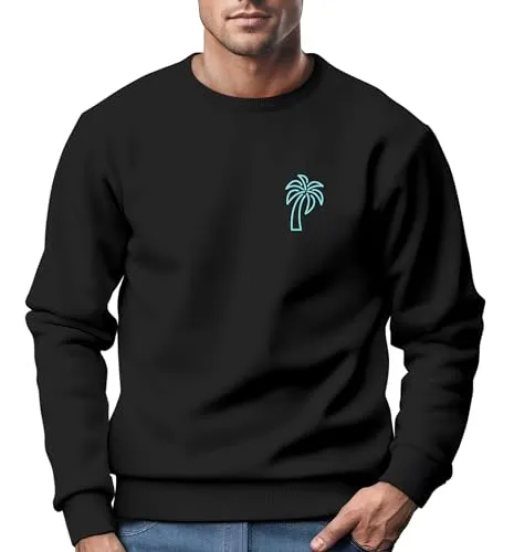 Neverless® Sweatshirt Sweatshirt Herren Aufdruck Print Palme Line Art Motiv Rundhals-Pullover Fashion Streetwear schwarz-Tuerkis XL