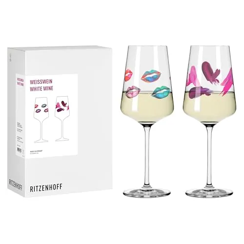 RITZENHOFF Weißweinglas 2er Set - Kussmund Motiv rot, 500 ml, Made in Germany - Weißweingläser im 2er Set mit kreativem Kussmund-Motiv, ideal für Rotwein und Cocktails. Hochwertiges Kristallglas, spülmaschinengeeignet, perfekt für modebewusste Genießer.