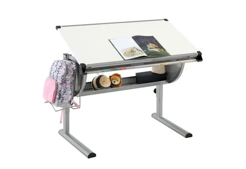 IDIMEX Kinderschreibtisch MADS - Höhenverstellbarer Kinderschreibtisch für optimale Ergonomie beim Lernen, ideal für Schüler und Jugendliche, aus lackierter Spanplatte in Weiß/Alu.