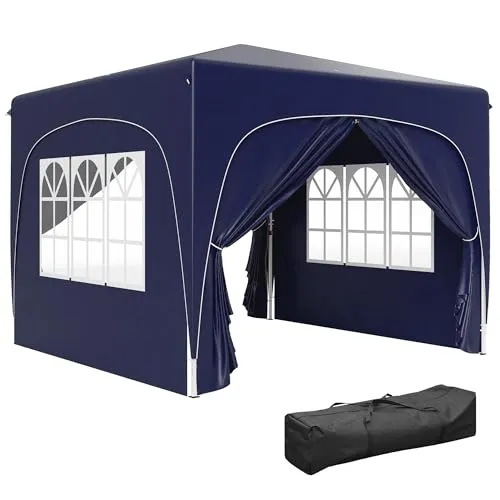Outsunny Pavillon 300x300 cm - Blau - Pavillon mit Seitenwänden für mühelose Outdoor-Events. UPF50+ Schutz, exzellente Belüftung durch Fenster und Türen, ideal als Gartenzelt oder Marktstand.