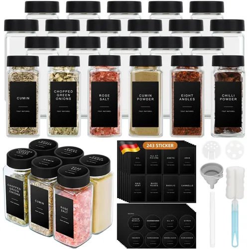 Gewürzgläser Eckig Set 24x 120ml mit Schwarzer Deckel 243 Wasserfeste Label