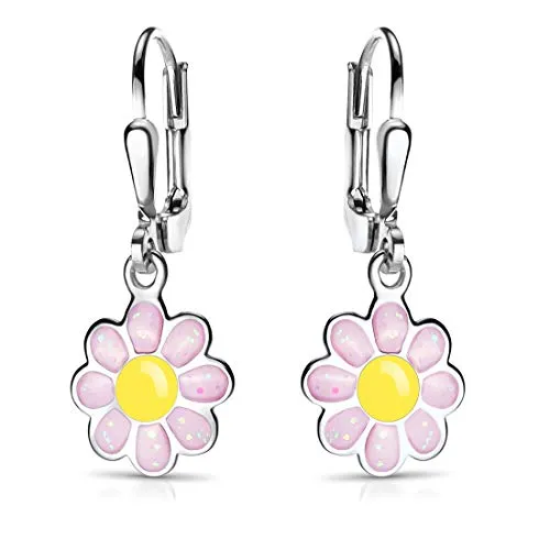 MATERIA Kinder Ohrringe Blume rosa - 925 Silber Ohrhänger für Mädchen - Niedliche Ohrringe aus 925 Sterling Silber mit bunter Emaille-Verzierung, ideal für empfindliche Kinderohren. Perfekt als Geschenk in schöner Schmuckbox.