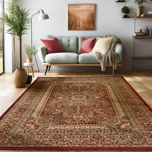 Orientalischer Teppich Wohnzimmer, Schlafzimmer, Esszimmer, Läufer, Flur Boho Teppich Kurzflor Weich 12 mm Carpet Orient, Rot, 80 x 150 cm