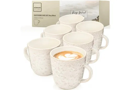 Sänger Key West Kaffeebecher Set für 6 Personen - Thermobehälter: Stilvolle Steingut Kaffeetassen, spülmaschinen- und mikrowellenfest, ideal für Kaffee und Tee mit einem eleganten Design im Key West Stil.