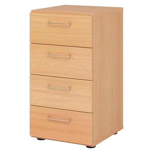 bümö smart Schubladenschrank - Büroschrank in Buche mit 4 Schüben - Schubladen für das Heimbüro mit werkzeugloser Montage dank Threespine-Klicksystem, ideal für schnellen Aufbau und stabilen Stand.