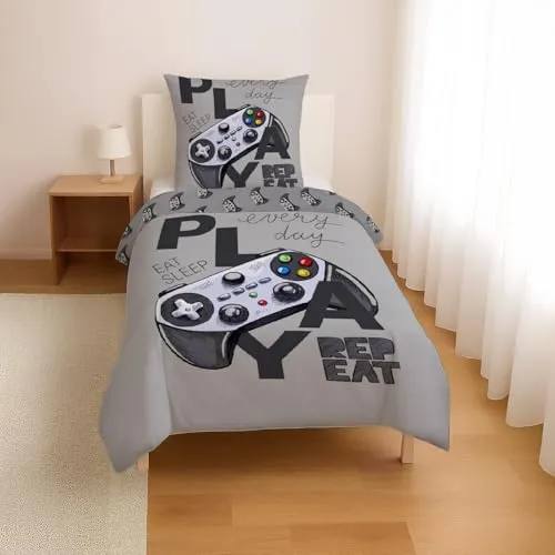 KK SHOPPING Gamer Kinder-Bettwäsche-Set 135x200 - Hochwertiges Bettwäsche-Set aus Baumwolle mit Controller-Design, waschbar bei 60°. Ideal für ein angenehmes Schlafklima und perfekte Verarbeitung für langlebigen Komfort.