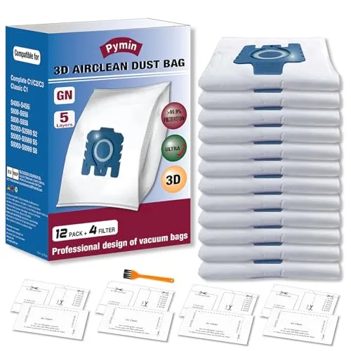Pymin 12 Stück 3D Staubbeutel kompatibel mit Miele GN Staubsaugerbeutel für Classic C1 Complete C2 C3, S2 S5 S8 S400 S600 S800 Serie mit 4 Motorschutzfilter und 4 Abluftfilter (9917730)