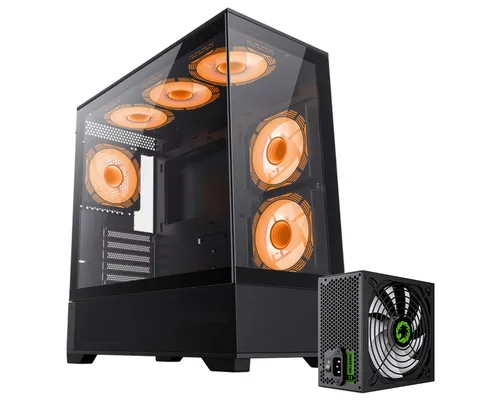 GAMEMAX Gaming-Gehäuse VISTA AB Midi-Tower schwarz mit 750W Netzteil - Kompakter Midi-Tower für E-ATX, ATX und ITX mit vorinstallierten ARGB-Lüftern. Bietet Platz für große Grafikkarten und effiziente Kühlung. Inklusive 750W 80+ Bronze Netzteil für zuverlässige Leistung.