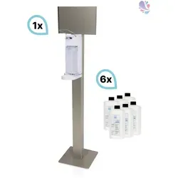 Blanc HYGIENIC SET: Armhebelspender mit Edelstahlständer und Händedesinfektion - Wundbehandlungsmittel - umfassendes Hygiene-Set für effektive Handdesinfektion, inklusive formschönem Armhebelspender, Edelstahlständer und 6 Flaschen Skindisinfect Liquid.