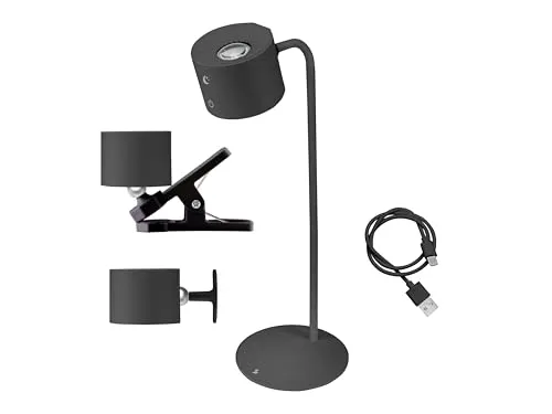 beper P201UTP304 Luminì Lampe mit 3 Funktionen, Tischlampe, Lampe mit Clip und Wandbefestigung inklusive, Wiederaufladbare Lampe USB-Kabel inklusive, Touch-Schalter an, Einstellbares Licht, Schwarz