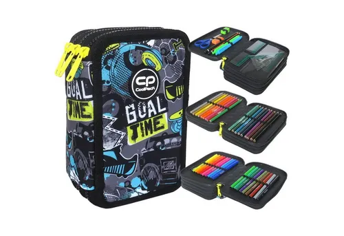 CoolPack XXL Pencil Case - 3-Fächer Federmäppchen für Schüler - Geräumiges Federmäppchen mit 44-teiligem Inhalt, inklusive Buntstiften und Schere. Hergestellt aus hochwertigem, wasserabweisendem Polyester für langanhaltende Nutzung.