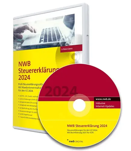 NWB Steuererklärung 2024 - 5-Platz-Lizenz - Profi-Steuererklärungssoftware für den VZ 2024 mit 7 Jahren Elster-Support und integrierter Buchführung 2025 für EÜR. Ideal für Steuerberater und Unternehmen.