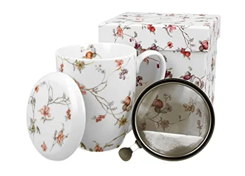 DUO FLORAL Becher 380 ml SAFA mit Teesieb, New Bone China Porzellan