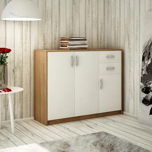Kommode mit 2 Schubladen und 3 Türen in Sonoma Weiß - Kommode & Sideboard mit geräumigem Stauraum, langlebigen laminierten Platten und hochwertigen Polymergriffen für eine elegante Optik.