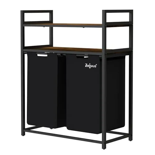 Zelsius Wäschesammler 2 Fächer | Schwarz, 73 x 33 x 91 cm | Wäschekorb mit Ablagen, Schmutzwäschebehälter mit Wäschebeutel | Wäschesortierer, Wäschebox, Wäschesack | Wäschesystem, Waschkorb