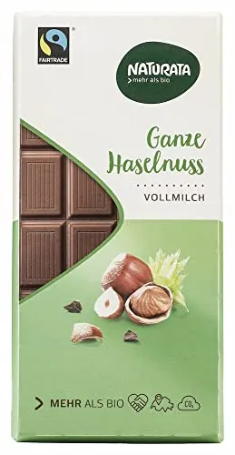 Naturata Chocolat Vollmilch Ganze Haselnuss bio - Bio Vollmilchschokolade mit ganzen, gerösteten Haselnüssen, fair gehandelt und ohne künstliche Aromen – für ein unvergleichliches Geschmackserlebnis.