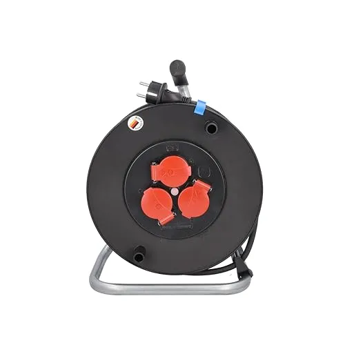 as - Schwabe Baustellen-Kabeltrommel, 25 m H07RN-F 3G2,5 Leitung 230V / 16A, mit 3 roten Schutzkontaktsteckdosen inkl. Klappdeckel & Thermoschutzschalter, IP44, Made in Germany, Schwarz, 10132