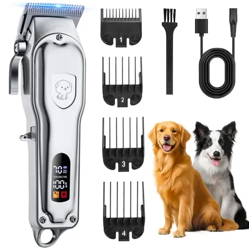 YAZEKY Profi Hundeschermaschine, Schermaschine Hund Katze,Tierhaarschneidemaschine set mit 4 Schneidköpfen Leistungsstarkem Motor für Körper, Gesicht, Ohren, Pfoten und anderen Teilen (Silber)